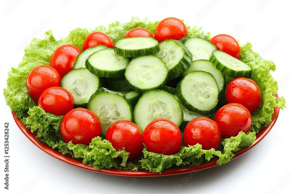 A crisp and zesty summer salad that combines leafy greens, succulent cherry tomatoes, crunchy cucumbers, and a light vinaigrette, offering a healthy vegetarian option A crisp and zesty summer salad that combines leafy greens, succulent cherry tomatoes, crunchy cucumbers, and a light vinaigrette, offering a healthy vegetarian option