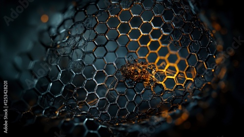 Conceptual exploration of hexagonal structures light and shadow effects in abstract digital art on dark canvas
