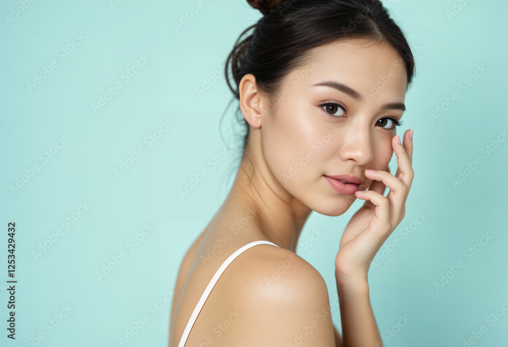 A woman with a white tank top and a ponytail is looking at the camera A woman with a white tank top and a ponytail is looking at the camera