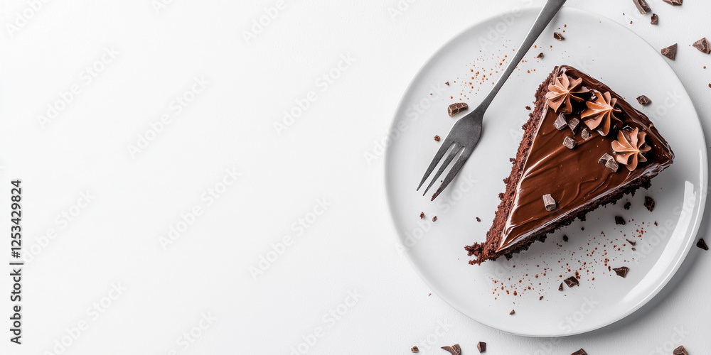 Fototapeta premium slice of chocolate cake on white plate with fork