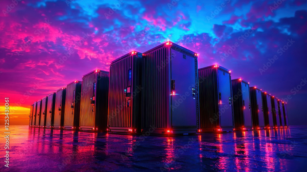Fototapeta premium Modular data center units with vibrant lighting at sunset