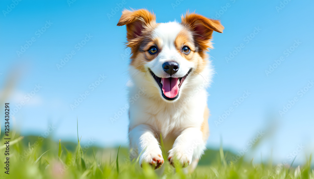 Happy White and Brown Dog Running Through a Grassy Field Happy White and Brown Dog Running Through a Grassy Field