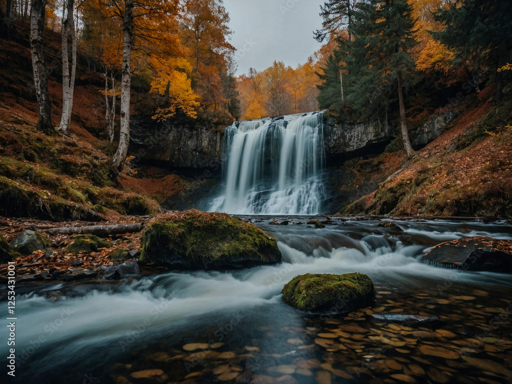 Waterfall flowing through an autumnal forest. Waterfall flowing through an autumnal forest.