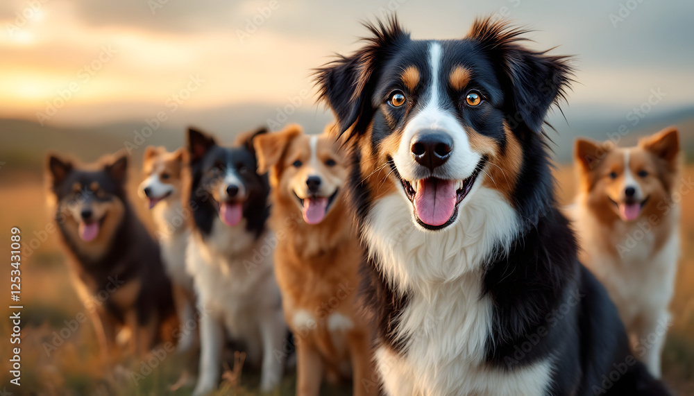 Group of Happy Dogs Outdoors at Sunset with a Smiling Black and White Dog in Foreground Group of Happy Dogs Outdoors at Sunset with a Smiling Black and White Dog in Foreground