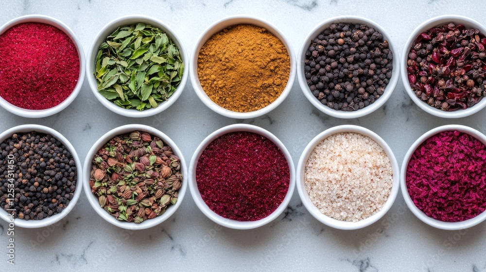 Assorted spices in small bowls on marble surface Assorted spices in small bowls on marble surface