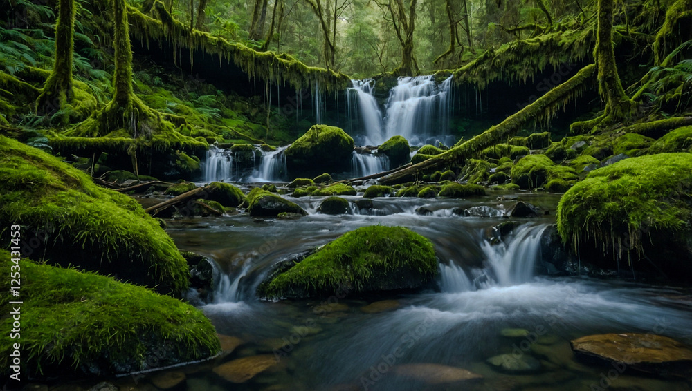 Fototapeta premium Waterfall in a mossy forest.
