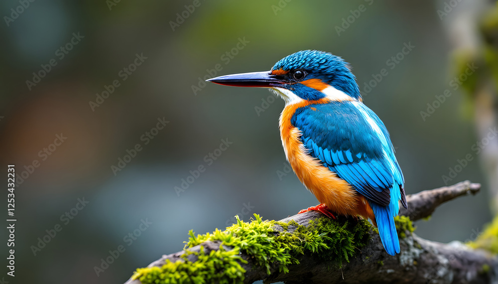 Fototapeta premium Kingfisher Perched on Mossy Branch