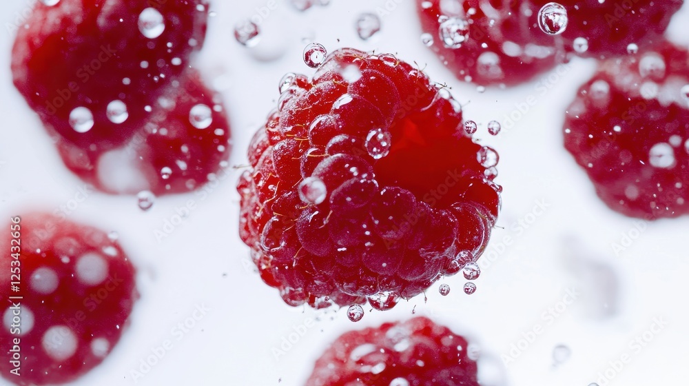 High-definition close-up of multiple fresh raspberries with water droplets on them, set against a white backdrop. High-definition close-up of multiple fresh raspberries with water droplets on them, set against a white backdrop.
