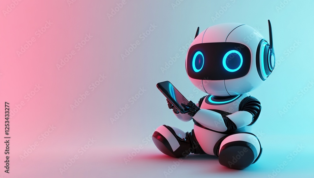 Cute Robot Using Smartphone in Neon Light Cute Robot Using Smartphone in Neon Light