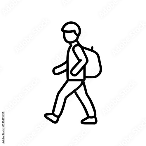 Walking man with a backpack in a black outline, modern design.