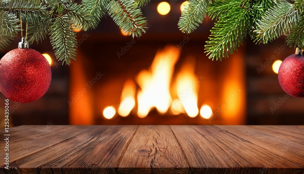 empty wood table with red christmas bauble fir branch with bokeh light and warm fireplace glow in background festive winter holiday backdrop design for greeting card or template for product display empty wood table with red christmas bauble fir branch with bokeh light and warm fireplace glow in background festive winter holiday backdrop design for greeting card or template for product display