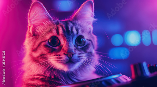 Curious tabby cat under vibrant neon lights in a futuristic setting with playful expression