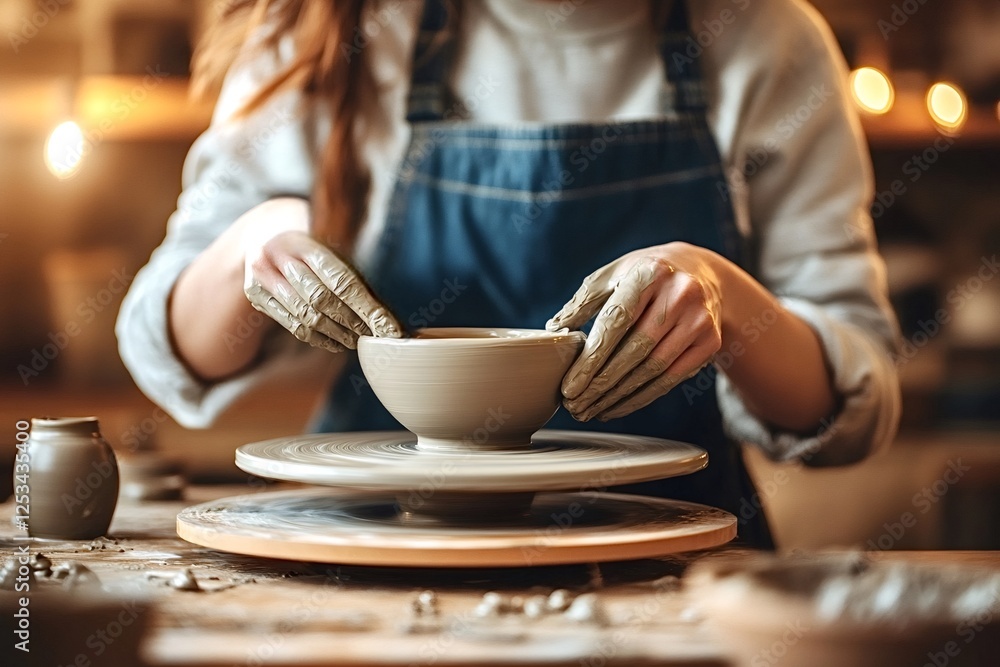 Female potter shaping clay bowl on pottery wheel in cozy workshop, her hands covered in clay, demonstrating the artistic process of ceramics Female potter shaping clay bowl on pottery wheel in cozy workshop, her hands covered in clay, demonstrating the artistic process of ceramics