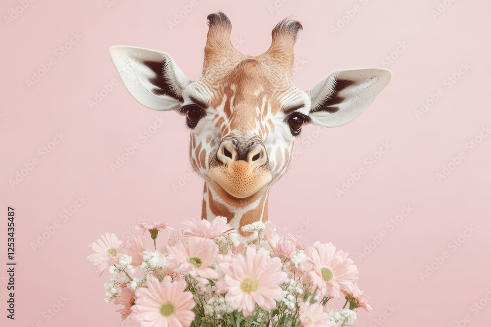 Fototapeta premium Giraffe with floral crown in pastel pink background for whimsical animal portrait concept
