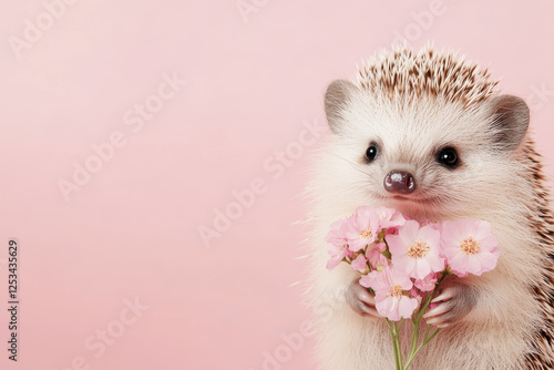 Adorable hedgehog holding pink flowers on pastel background for cute animal portrait