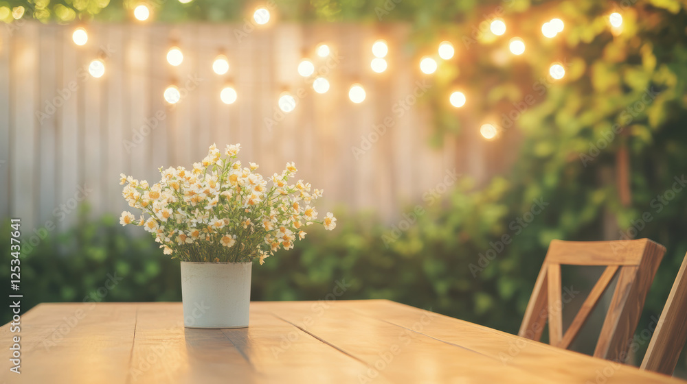 Fototapeta premium Potted daisies on outdoor wooden table with glowing string lights and green foliage garden evening atmosphere