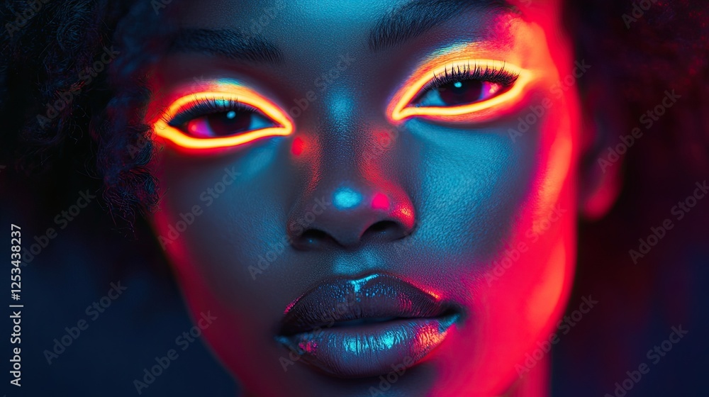 A womans face with neon lines creates a futuristic and serene digital art piece, blending modern technology with art, perfect for digital, sci-fi, or abstract-themed photography. A womans face with neon lines creates a futuristic and serene digital art piece, blending modern technology with art, perfect for digital, sci-fi, or abstract-themed photography.