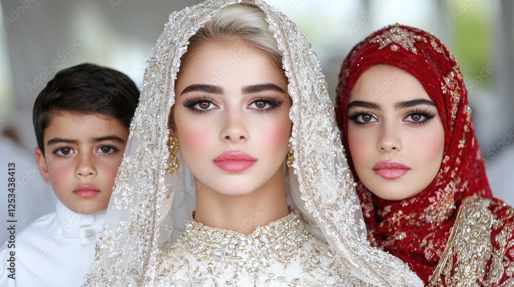 Obraz premium Beautiful Middle Eastern bride in an embroidered white veil stands with a woman in a red hijab and a young boy at a wedding celebration.