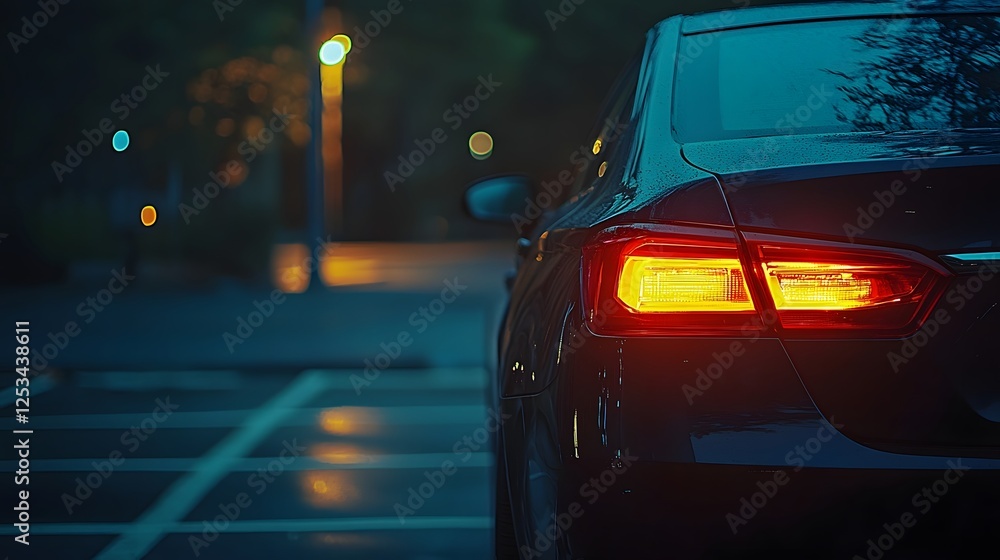 Obraz premium Airport Car Rental Glowing Taillight Amidst the Dimly Lit Urban Landscape at Night
