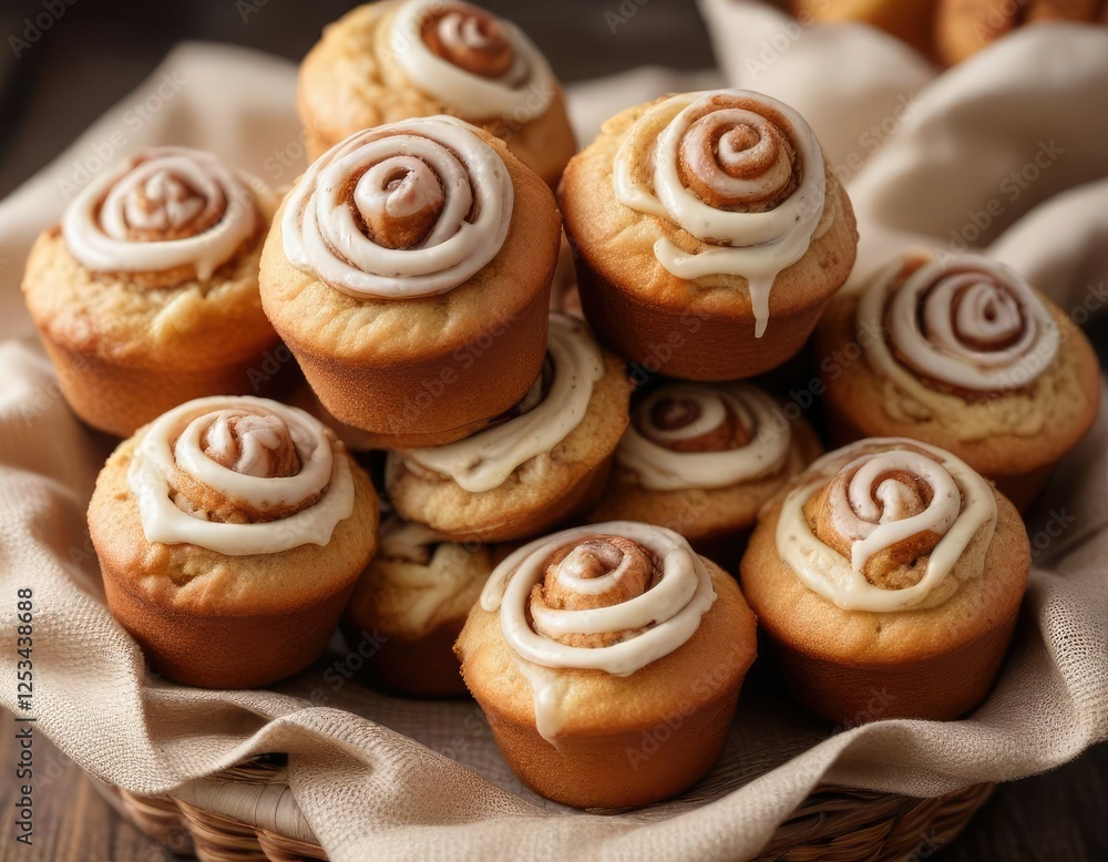 A stack of freshly baked cinnamon roll muffins on a woven basket , baked goods, cinnamon roll muffins A stack of freshly baked cinnamon roll muffins on a woven basket , baked goods, cinnamon roll muffins