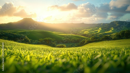 Sunset over rolling green hills, idyllic landscape, peaceful nature scene