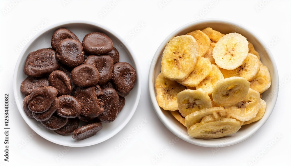 healthy chocolate covered banana chips and original banana chips isolated on a white background healthy chocolate covered banana chips and original banana chips isolated on a white background