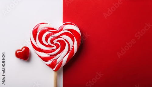 top view red and white striped heart shaped candy on wooden stick valentine s day card heart shaped lollipop on red and white background with space for valentine s day text banner photo