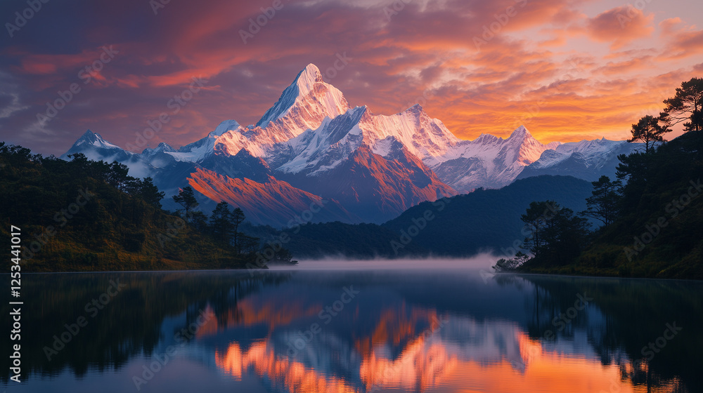 Fototapeta premium A breathtaking mountain range at sunrise reflects in the lake, ideal for stock content about nature, travel or landscape photography