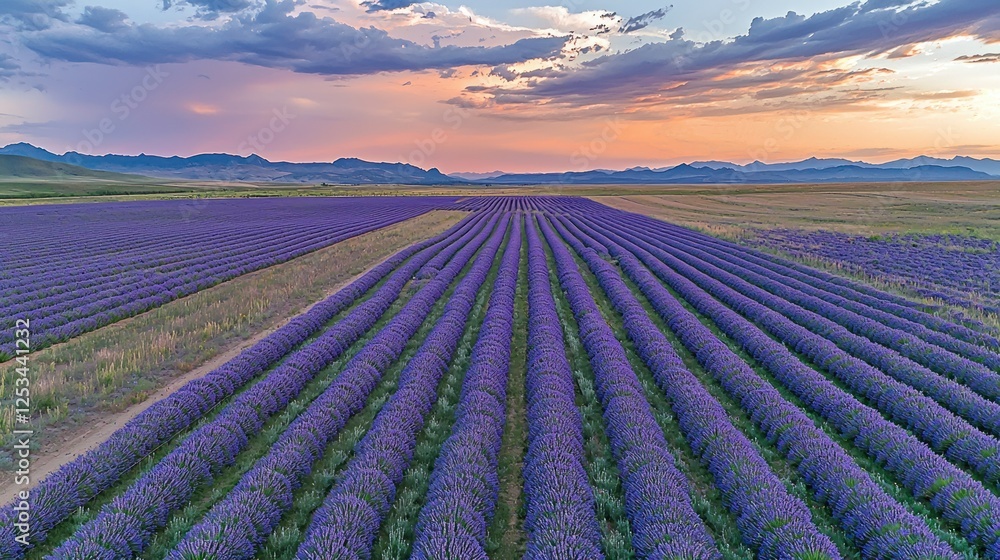 Sunset over rows of lavender fields, mountain backdrop, idyllic rural scene, postcard Sunset over rows of lavender fields, mountain backdrop, idyllic rural scene, postcard
