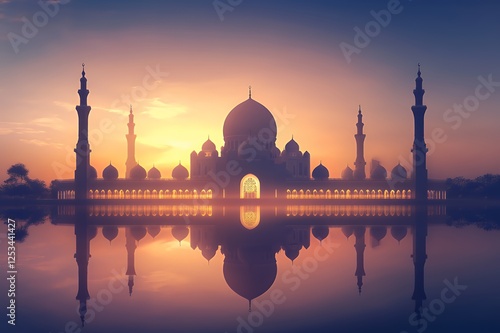 Majestic Mosque Silhouette At Sunset Reflecting In Water photo