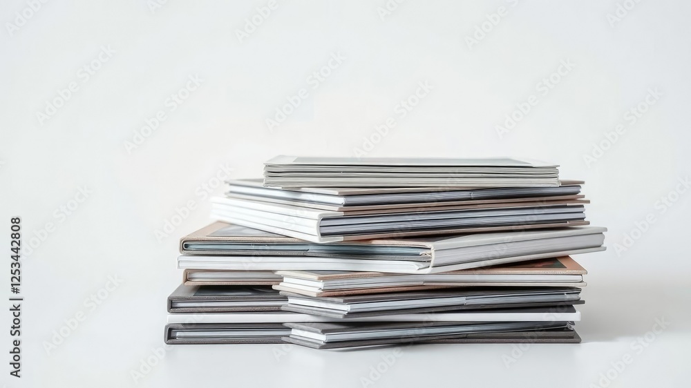 A stack of stacked photo albums with a minimalist design and neutral colors, decorative objects, textured paper, vintage vibe A stack of stacked photo albums with a minimalist design and neutral colors, decorative objects, textured paper, vintage vibe