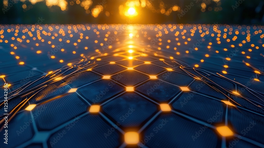 Obraz premium Sunset over solar panel field, energy generation