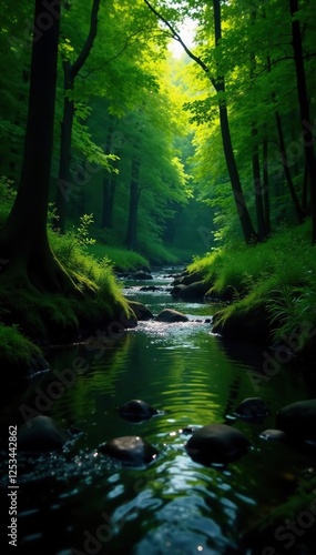 A babbling brook in the heart of a dense forest, calm, water
