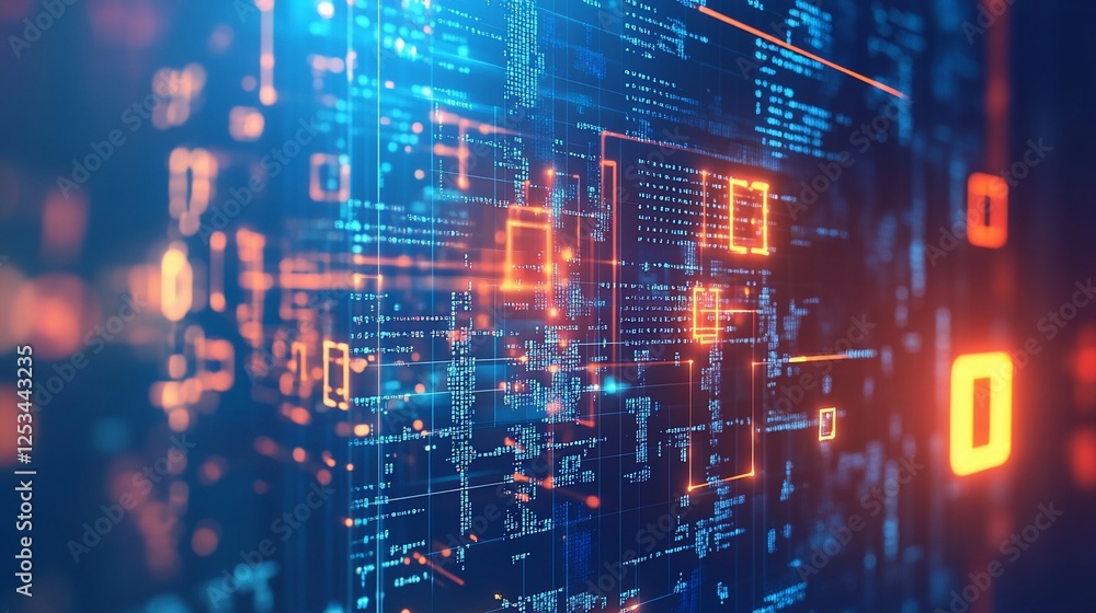 Abstract digital background with glowing orange rectangles and blue code like patterns Abstract digital background with glowing orange rectangles and blue code like patterns