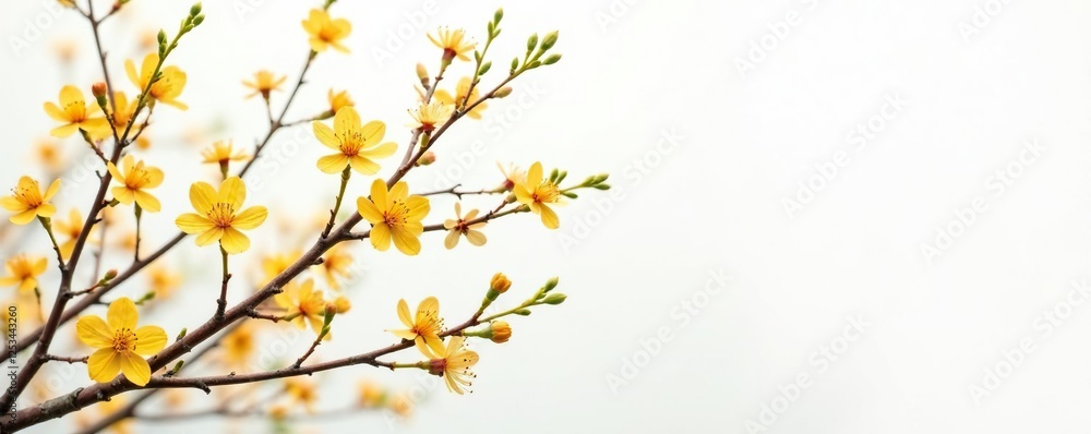 Delicate branches tangled with golden flowers against a crisp white backdrop, floral, landscape Delicate branches tangled with golden flowers against a crisp white backdrop, floral, landscape