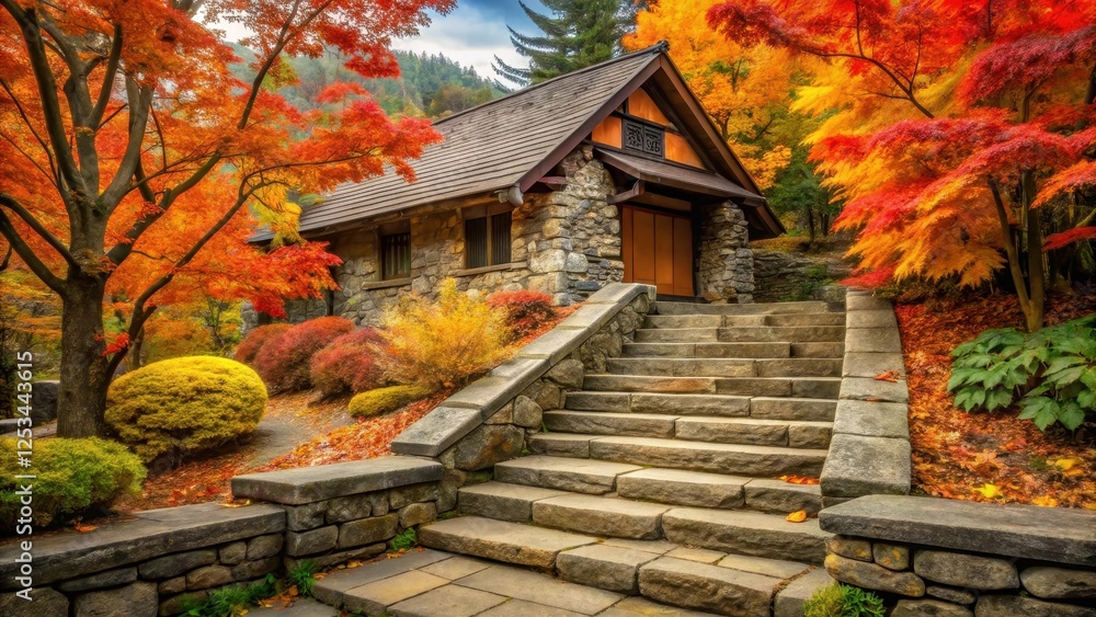 Stone House Steps Amidst Autumnal Foliage, a Serene Landscape Scene Featuring Vibrant Colors and Lush Greenery Stone House Steps Amidst Autumnal Foliage, a Serene Landscape Scene Featuring Vibrant Colors and Lush Greenery
