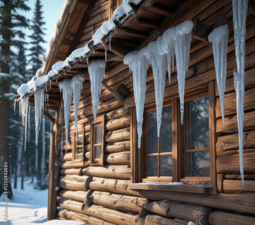 Icicles hanging from the eaves of a rustic cabin, winter scenery, icicle, snowy village Icicles hanging from the eaves of a rustic cabin, winter scenery, icicle, snowy village