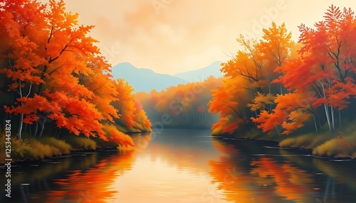 Beautiful Autumn Landscape With Orange Trees