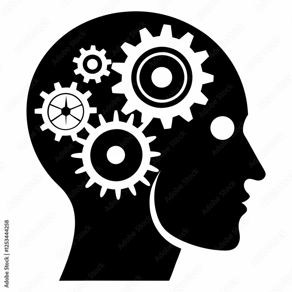Thinking Head Gears Silhouette: Cogs, Brainpower, Idea Icon mind sign logo work design puzzle vector Thinking Head Gears Silhouette: Cogs, Brainpower, Idea Icon mind sign logo work design puzzle vector