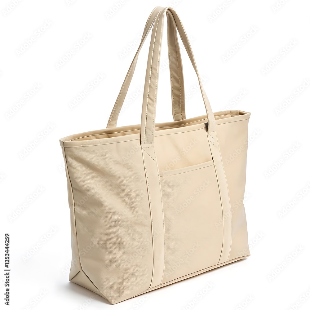 Beige canvas tote bag with long handles, designed for carrying everyday essentials, displayed on a white background Beige canvas tote bag with long handles, designed for carrying everyday essentials, displayed on a white background