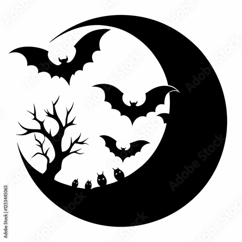 Mystical Night: Bats and Moon Silhouette, Perfect for Halloween Designs, Gothic Art, or Spooky      