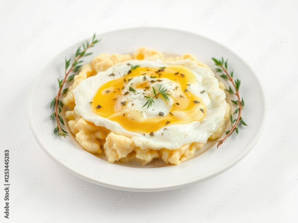 A steaming plate of scrambled eggs with truffle oil and fresh herbs garnished on a crisp white background, scrambled eggs, egg dishes, fine dining A steaming plate of scrambled eggs with truffle oil and fresh herbs garnished on a crisp white background, scrambled eggs, egg dishes, fine dining