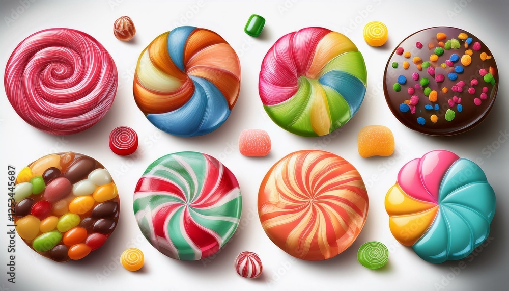 A set of sweet candy icons featuring various colorful treats, including lollipops, gummies, hard candies, and chocolates. A set of sweet candy icons featuring various colorful treats, including lollipops, gummies, hard candies, and chocolates.