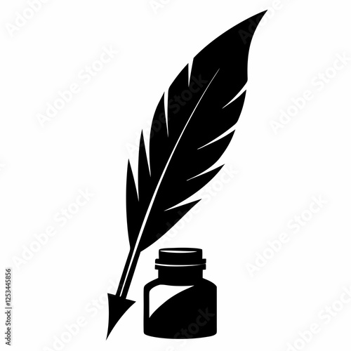 Elegant Quill Pen and Ink Bottle Silhouette: Classic Writing Icon, Vintage Design Element, Isolated 