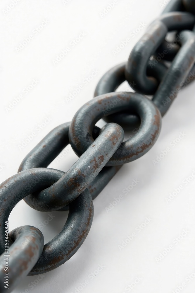 A Detailed Close-Up of a Weathered Metal Chain, Showing Interlocking Links and Textured Surface A Detailed Close-Up of a Weathered Metal Chain, Showing Interlocking Links and Textured Surface