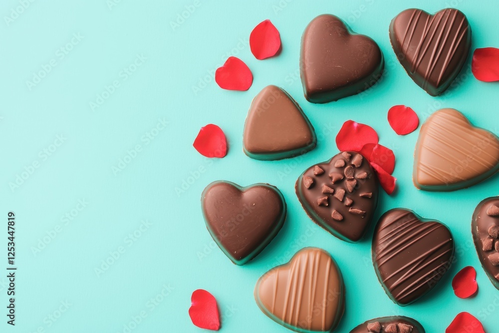 Obraz premium A delightful arrangement of heart-shaped chocolates surrounded by rose petals on a vibrant turquoise background.