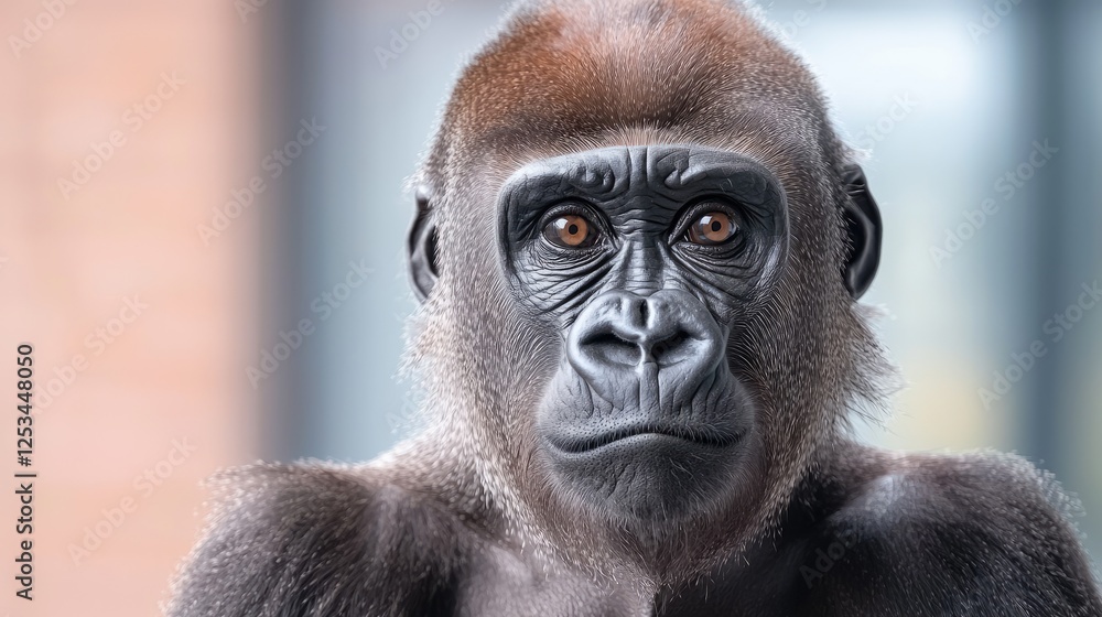 Gorilla portrait, zoo enclosure, calm expression, background blurred Gorilla portrait, zoo enclosure, calm expression, background blurred