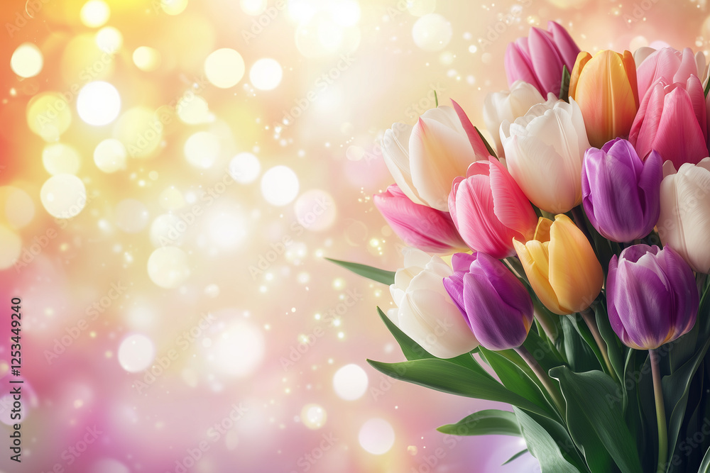Obraz premium Beautiful Bouquet of Colorful Tulips with Soft Bokeh Background