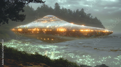 Mysterious alien spaceship hovering low over a tranquil coastal scene at twilight.  Ethereal glow illuminates the water. Perfect for science fiction, fantasy, or mystery themes. photo