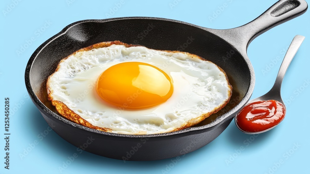 A perfectly cooked sunny-side-up egg in a cast-iron skillet with a spoonful of ketchup on a blue background A perfectly cooked sunny-side-up egg in a cast-iron skillet with a spoonful of ketchup on a blue background